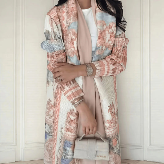 Langer Herbstmantel für Damen, Retro-bedruckt, langärmelig, muslimisches Abaya, Saudi-Mode, faltiger Taillengürtel