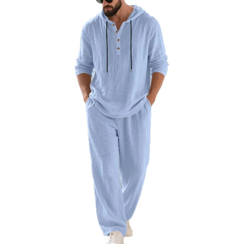 Cross-border Autumn Linen Men's Casual Suit Loose Hooded Henley Shirt Long Sleeve Pants Suit.