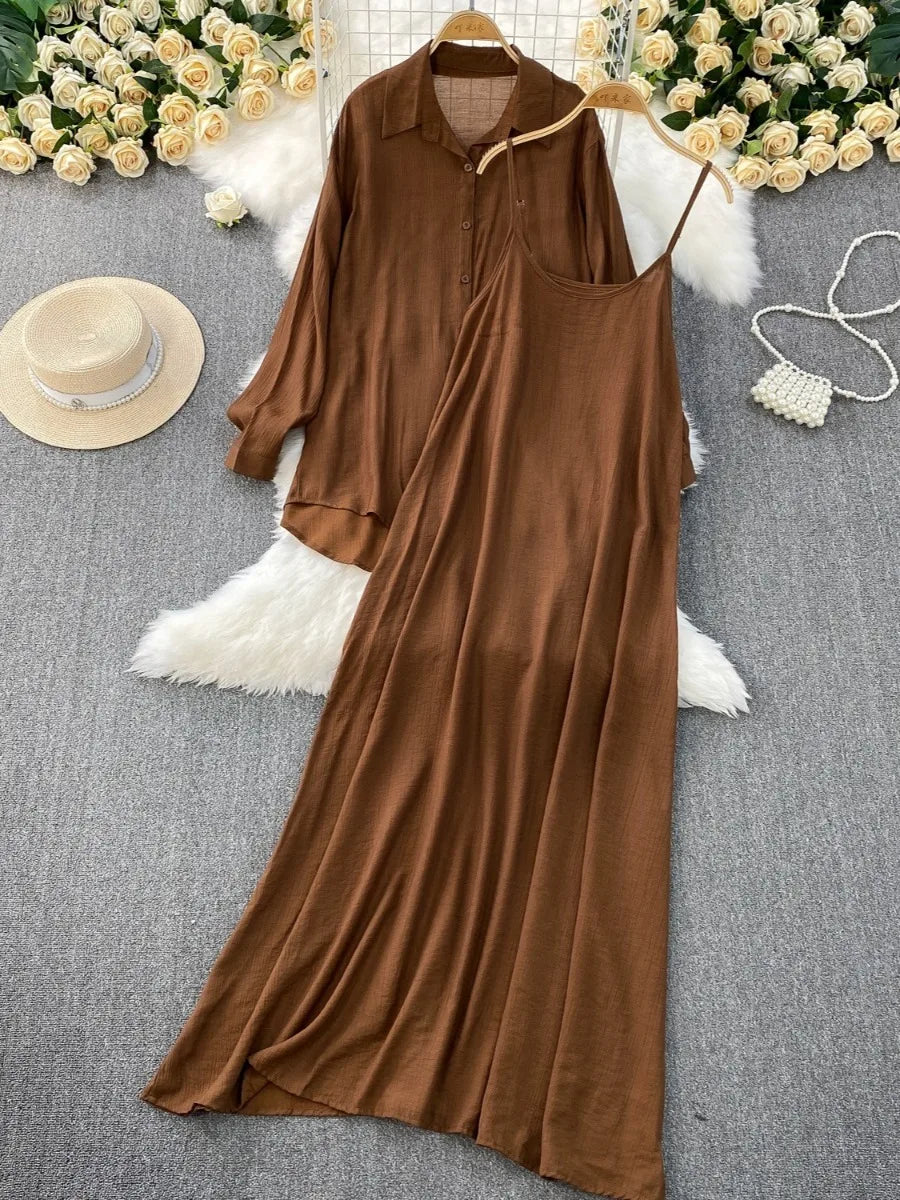 Muslim Women Shirt Dress Two Piece Set Solid Modest Suits Ramadan Musulman Ensemble Morocco Dubai Abayas Islam Outfits Jalabiya