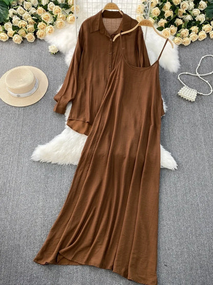 Muslim Women Shirt Dress Two Piece Set Solid Modest Suits Ramadan Musulman Ensemble Morocco Dubai Abayas Islam Outfits Jalabiya