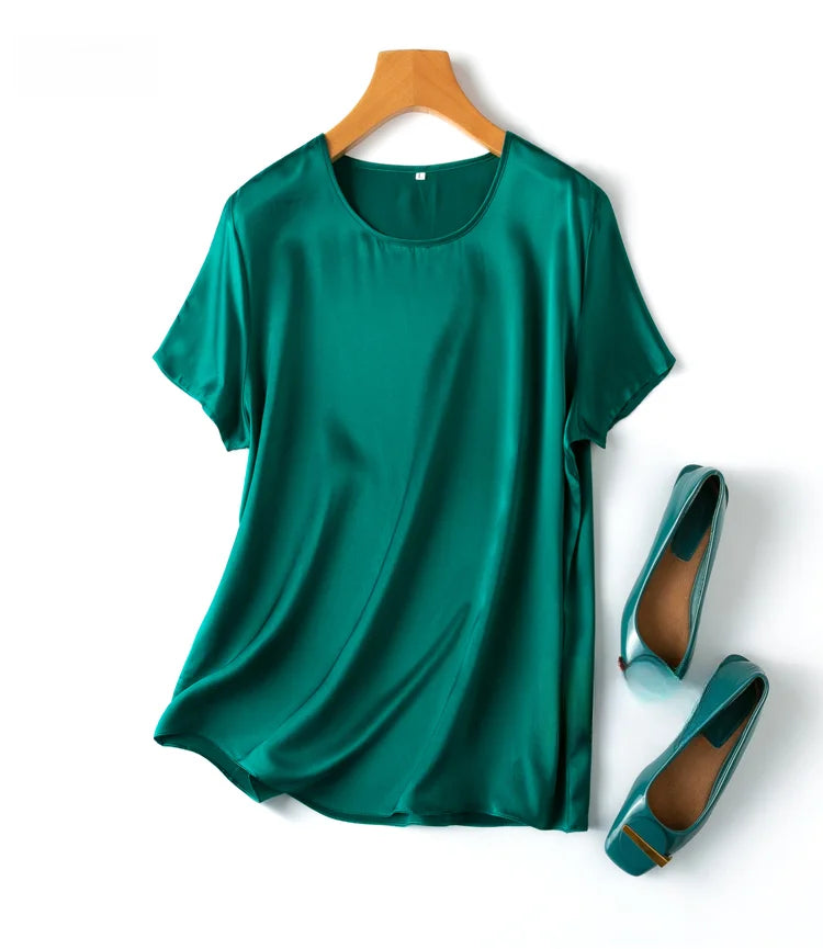 Women 100% Mulberry Silk 19 Momme half sleeve Crew Neck Top Shirt Blouse T-shirt More Colors M L XL MM4270