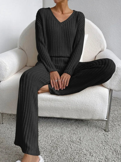 Autumn Winter Ribbed Knit Two Piece Set Womens V Neck Long Sleeve Top Wide Leg Pants Loungewear Casual Solid Color Outfit.