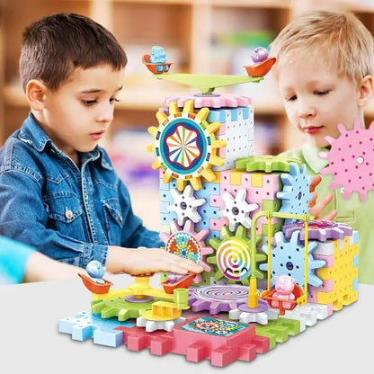 Kids Electric Gear Building Toy Set Motorized Spinning Gears Set Gear Rail Car Big Building Blocks STEM Construction Toy Set.