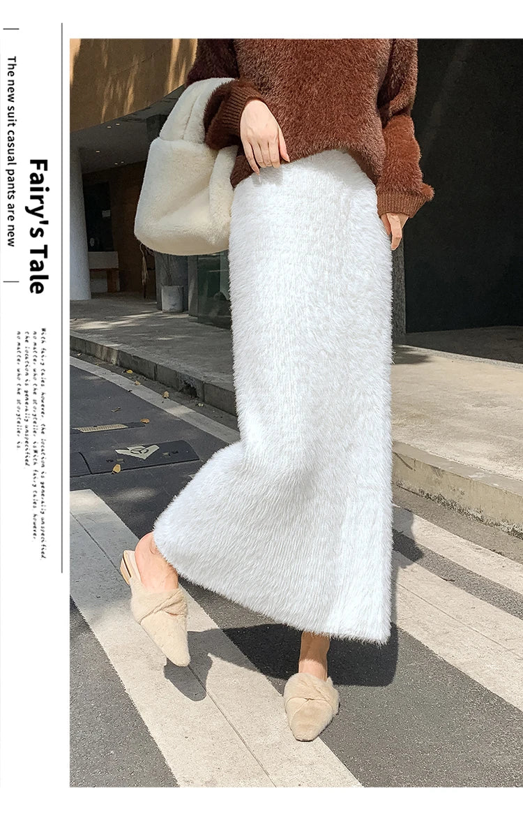 Autumn Winter New Knit Long Skirt Women Casual Thick Korean High Waist Soft A-Line Skirt.