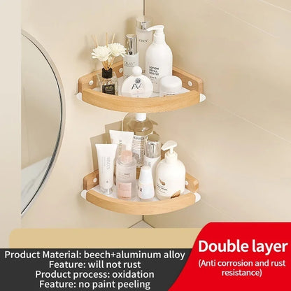 Badezimmer-Aufbewahrungsregal aus Holz und Aluminium, Aufbewahrungsregal für Badezimmer, perforationsfrei, Wandbehang, Waschtisch, WC, dreieckiges Eckregal