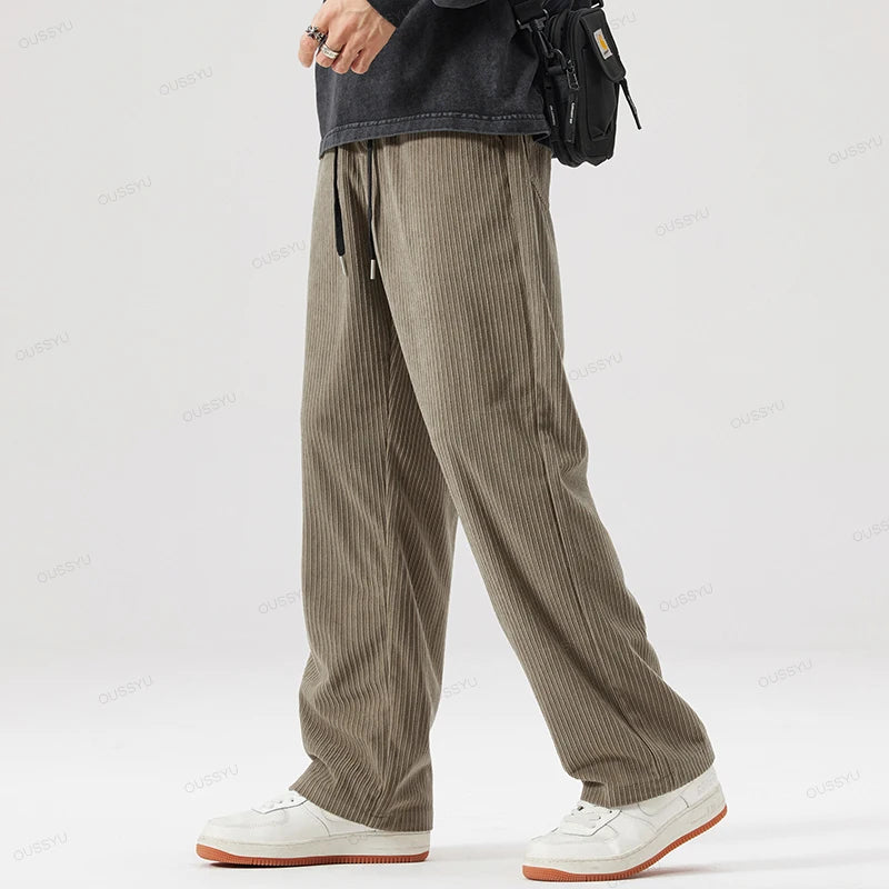 OUSSYU Brand Autumn Winter Men's Stripe Corduroy Pants Elastic Waist Drawstring Straight Thick Outdoors Loose Casual Trousers.
