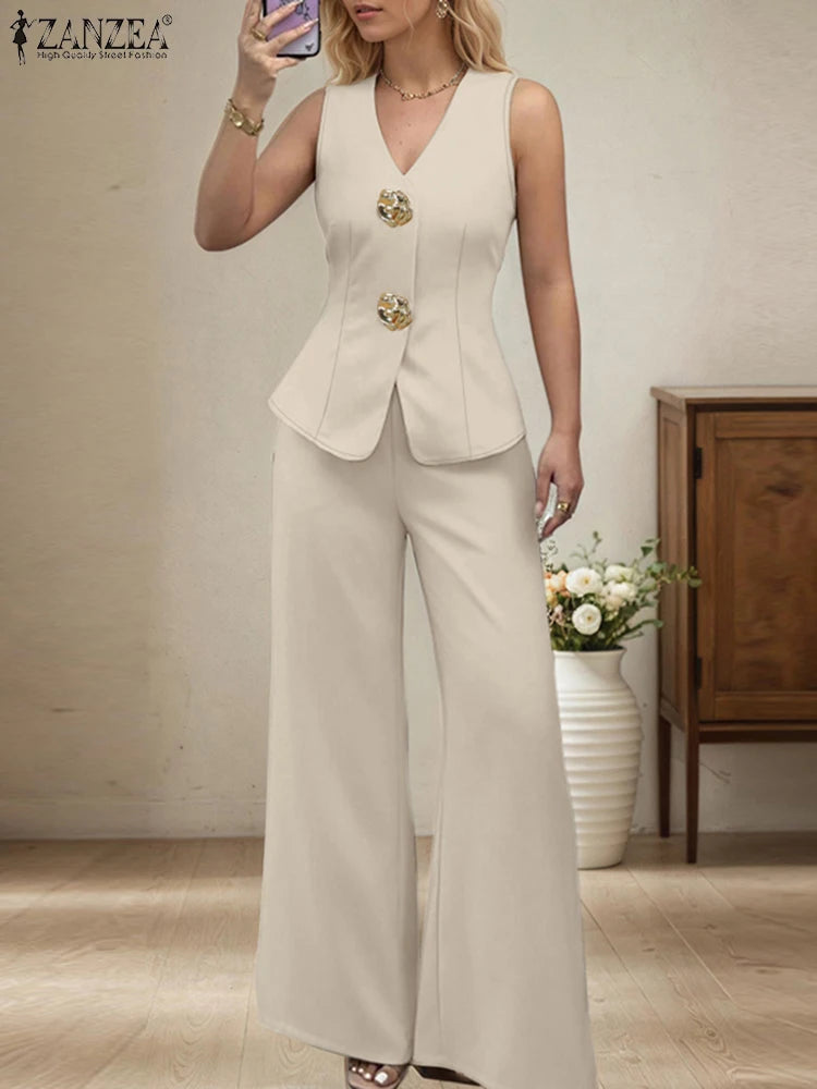 ZANZEA 2025 Summer Outfits Women Fashion Matching Sets V Neck Sleeveless Tanks Tops Trousers Suit 2PCS Solid Work OL Tracksuits