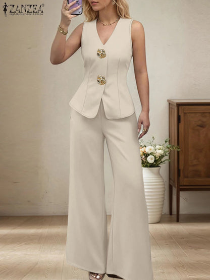 ZANZEA 2025 Summer Outfits Women Fashion Matching Sets V Neck Sleeveless Tanks Tops Trousers Suit 2PCS Solid Work OL Tracksuits