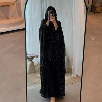 Ramadan Wave Point Black Open Muslim Modest With Hijab Women Kimono Abaya Damen Dubai Islam Kebaya Kaftan Robe Femme Musulman.