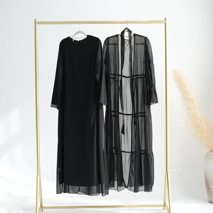 Chiffon Sheer Open Abaya Set Hijabi Muslim Women Party Ramadan Islamic Clothing  Dubai Turkey Kaftan Crepe Kimono Open Abayas