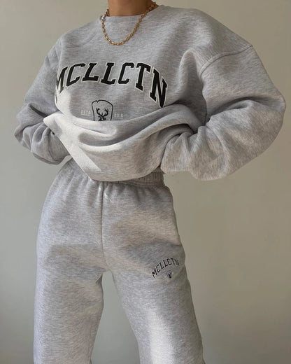 Warm Suit Autumn Winter Women Solid Set Elegant O-neck Pullover Hoodie And Pocket Trousers Two-Piece Set Lady Casual Loose Sets