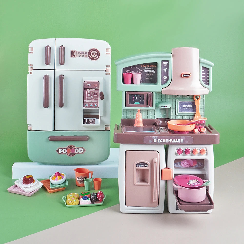 Miniature Mini Food Cooking Set Real Oven Realistic Meals Kids Kitchen Set Double Door Refrigerator With Music And Lights Play.