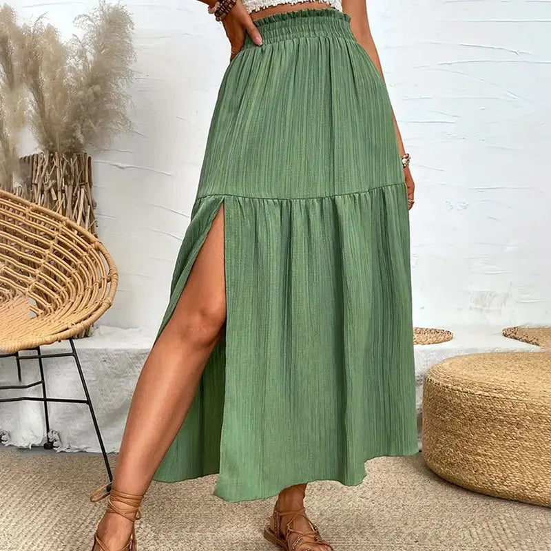 Fairyshely Casual Green Split Long Skirt Women 2025 Summer Ruffle High Waist Midi Skirt Lady Elegant Solid A line Pleated Skirt.