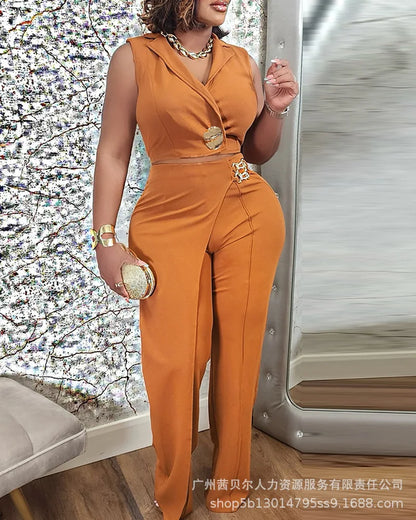 Two Pieces Women Pant Sets Casual Matching Sets Spliced Sleeveless Turn Down Collar Top Empire Waist Wide Leg Pant 2025 Autumn.