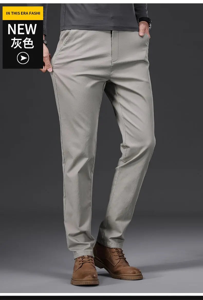 Cotton Men's Casual Pants Straight Stretch Trouser Male Fashion Slim Business Dress Golf Office Spring Autumn Khaki Black Formal