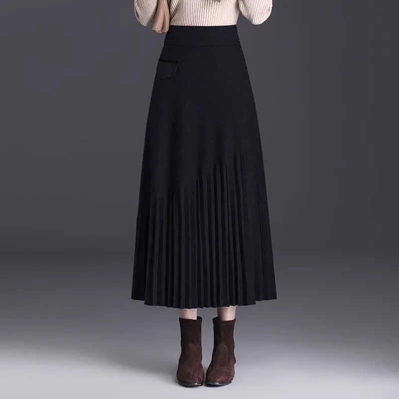 Temperament Autumn Winter New Skirts Women Solid High Waist Pleated Fashion Office Lady A-line Mid-length Knitting Pleated Skirt.