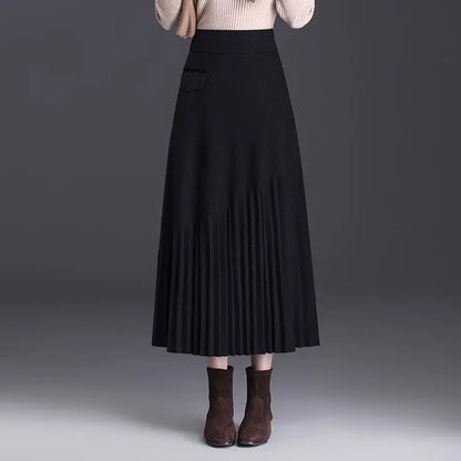 Temperament Autumn Winter New Skirts Women Solid High Waist Pleated Fashion Office Lady A-line Mid-length Knitting Pleated Skirt.