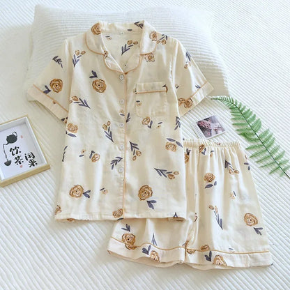 Japanische einfache kurze Pyjamas Frauen 100 % Baumwolle kurze Ärmel Damen Pyjama Sets Shorts süße Cartoon Nachtwäsche Frauen Homewear