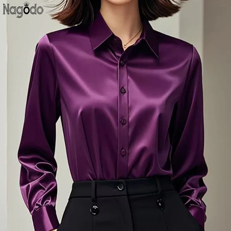 High Quality Silkly Satin Women's Shirt Office Ladies Long Sleeve Blouses Polo Neck Gold shirt Button Luxury Casual women tops.