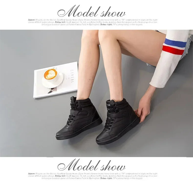 Designer Woman Breathable High Top Black White Boots Women Casual Sport Shoes Platform Hidden Increasing Sneakers Leather Shoe