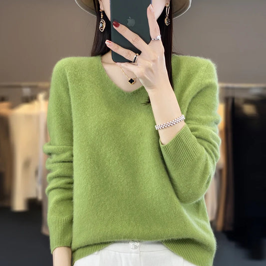 2024 100% Merino Reine Wolle V-ausschnitt Herbst Und Winter Pullover Pullover Neue Kaschmir Pullover frauen Beiläufige Gestrickte Top DMR201