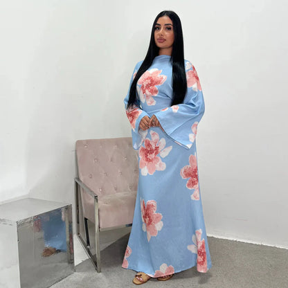 Arabesque Bell Sleeve Flowy Maxi Abaya Dress Elegant Floral Print Muslim Modest Long Dress Islamic Vacation Outfit Summer Robe.