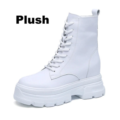 WOIZGIC Women Female Ladies Mother Genuine Leather Ankle Boots Shes Warm Autumn Winter Plush Zipper Motorcycle British Increase