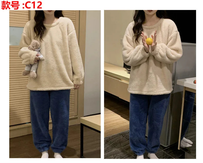 Winter Fleece Women Pajamas Set  Sleepwear Solid Velvet 2 Piece Pant Home Suit Fluffy Casual Warm Flannel Night Wear.