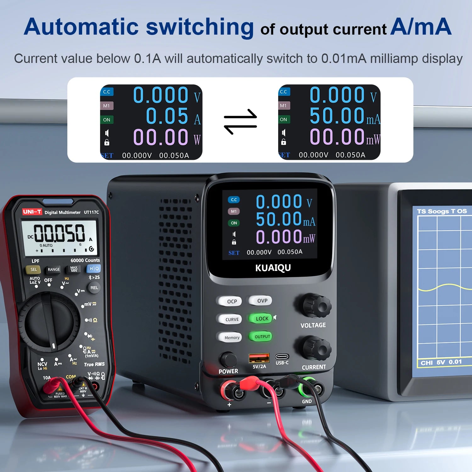 KUAIQU 5 Digits Programmable Adjustable Power Supply 30V 10A,Battery Simulation Tester,Real time Curve Display Voltage Current.