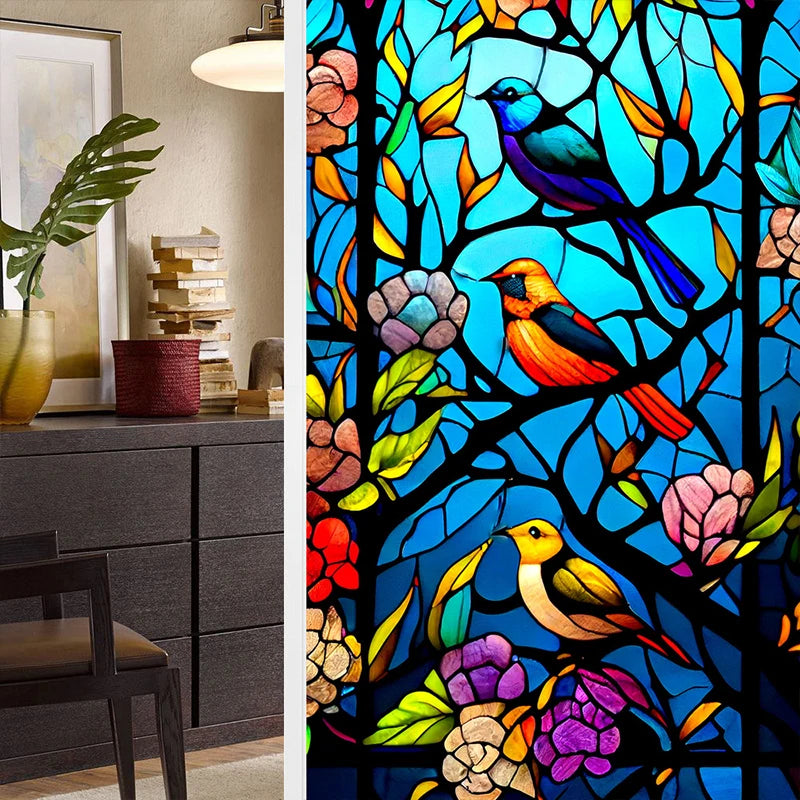 Colorful Retro Flower Bird Window Film PVC Electrostatic Glass Stickers Stained Window Films Static Cling Frosted Glass Film