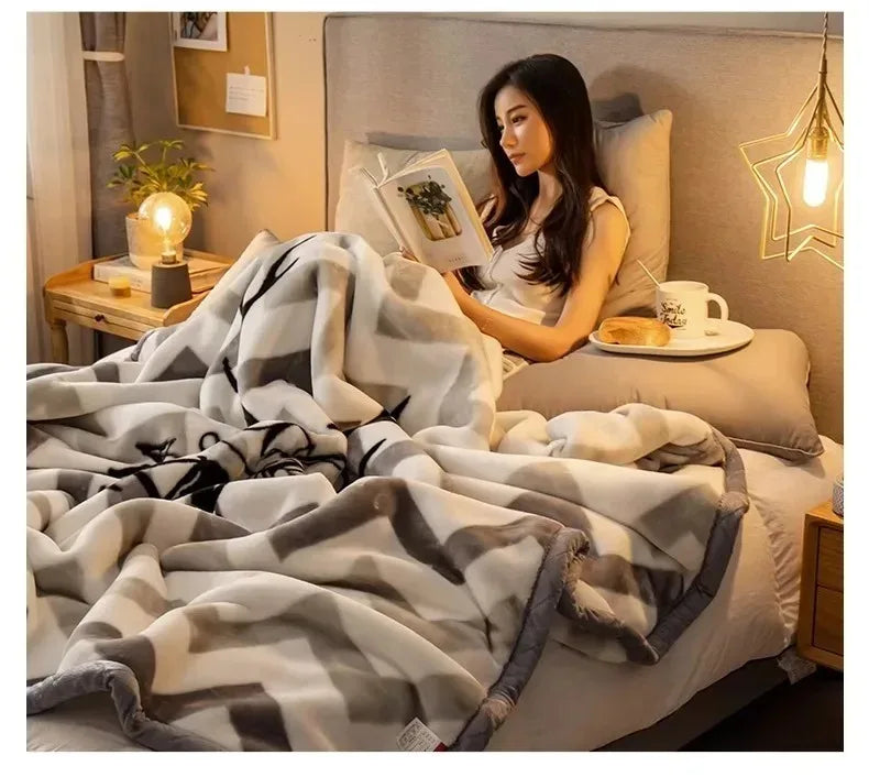 Modern Geometric Cartoon Printed Bedroom Blanket Coral Fleece Dormitory Quilt Thicking Double Layer Multi Purpose Bedding Sheets
