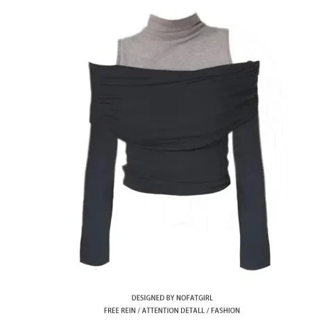 Retro American Shoulder Bared Long Sleeve T Shirt Women Spring Autumn Spicy Girl Fake Two Piece Base Shirt High Collar Polyester