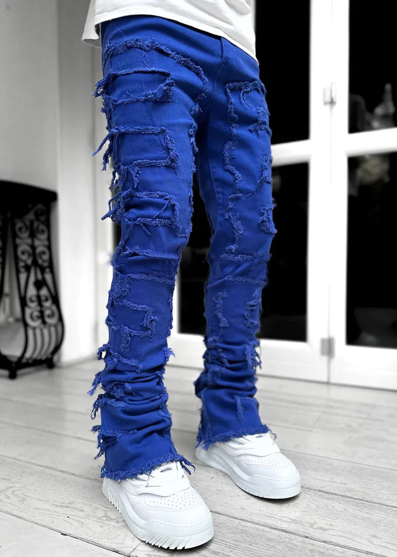 Men's Regular Fit Stacked Jeans Ripped Slim Fit Patch Distressed Destroyed Straight Denim Pants Hip Hop Streetwear Trouser Cloth.