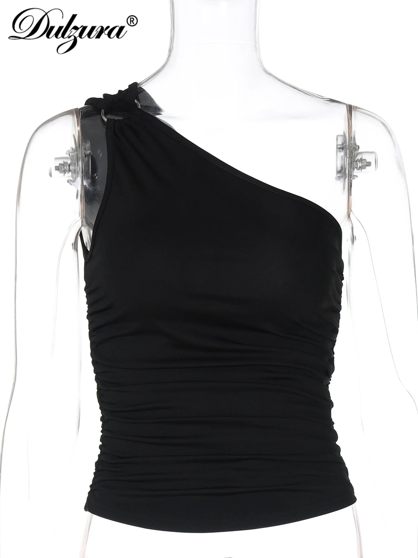 Dulzura One Shoulder Sleeveless Ruched Bodycon Tank Top Women'S Solid Sexy Casual Y2K Tops Party Club Streetwear Summer Clothes.