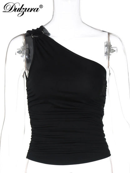 Dulzura One Shoulder Sleeveless Ruched Bodycon Tank Top Women'S Solid Sexy Casual Y2K Tops Party Club Streetwear Summer Clothes.