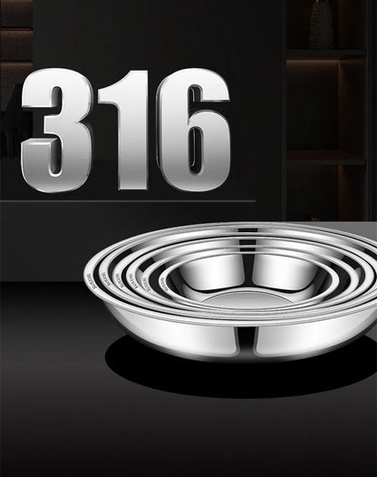 Thick Round 316 Stainless Steel Dinner Plate Food Grade Trays Salad Fruit Meal Pan Kitchen Steak Seafood Flat Cooking Bowls.