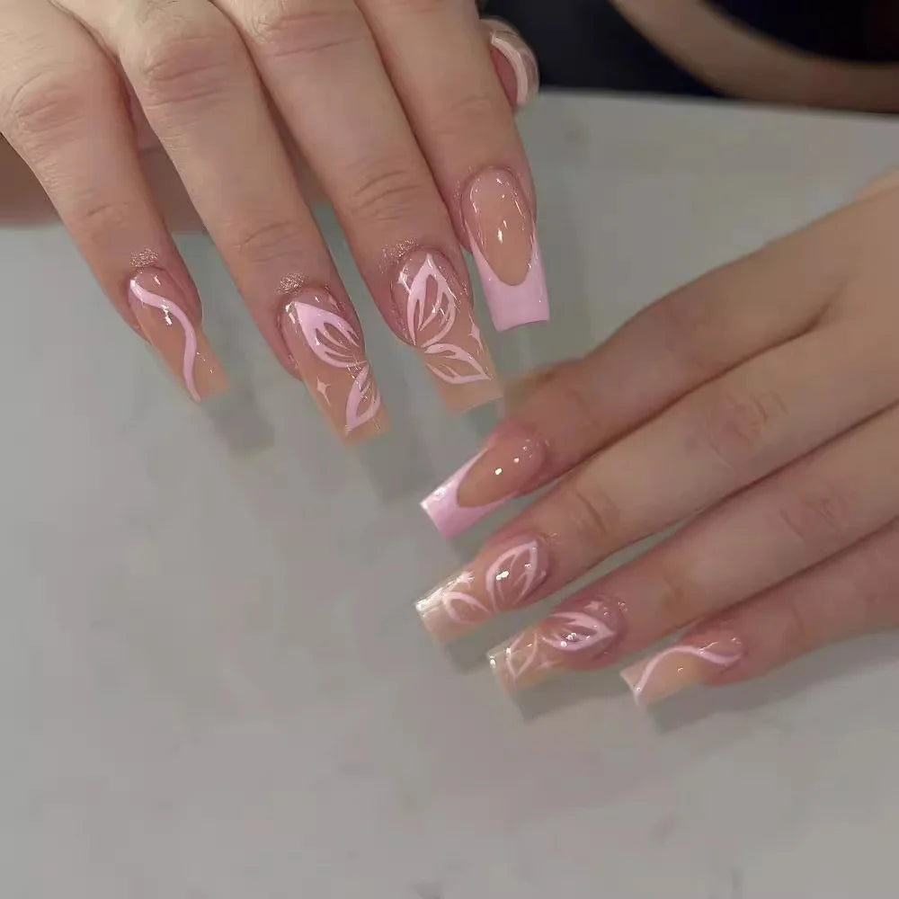 White French Style Fake Nails Gentle Pink Press on Nails 3D Bowknot Design Almond Charm Manicure Korean Fashion False Nail 24Pcs.