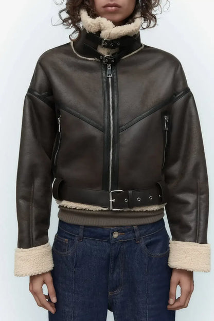 Frau dicke warme doppelseitige Faux Shear ling Jacke Herbst Winter neue Revers Langarm Gürtel Saum Reiß verschluss weibliche Oberbekleidung