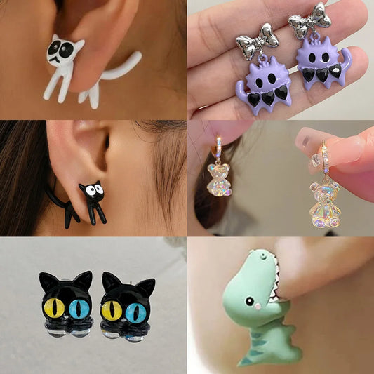 2023 New Fashion Cute Animal Stud Earrings Women Cartoon Small Black Cat Bear Shark Dinosaur Earring Ear Stud Girl Funny Jewelry.