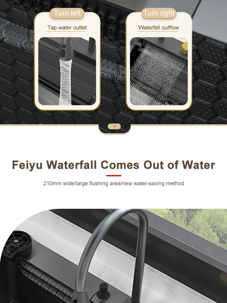 Waterfall Sink Kitchen Stainless Steel Topmount Sink Embossed Large Single Slot Wash Basin With Multifunction Tank Low Price