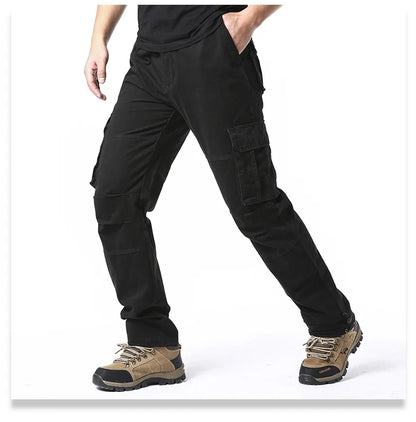 Solid Cotton Multi Flap Pockets Men's Straight Leg Cargo Pants, Loose Casual Outdoor Pants, Men's Work Pants Outdoors Streetwear.