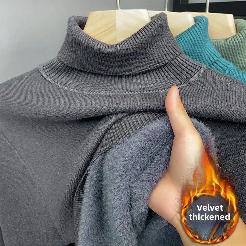 Men‘s Thermal Fleece High-neck Sweater Winter Turn-down Collar Fleece-lined Knitted Pullover Casual Keep Warm Thick Bottom Tops.