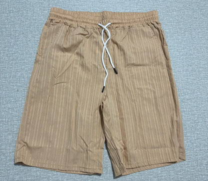 Lazy Street Style Vertical Stripe Slimming Shirt Shorts Two-piece Set No Need To Pair With Autumn Men's Thin Knit Sports Suit.