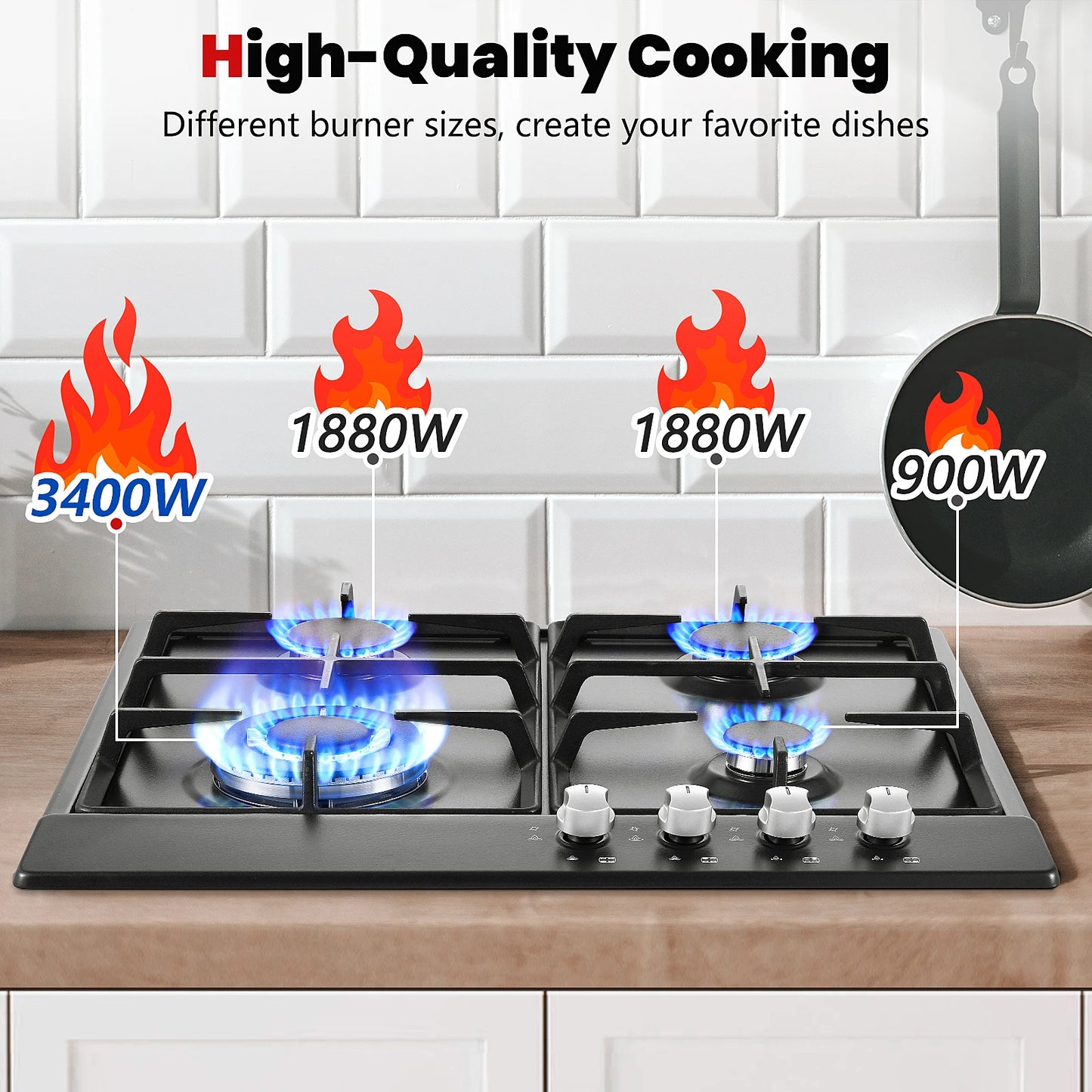 4 Burners Black Enamelled Plate 58 cm Automatic Flame Protection, Natural Gas and Propane Gas, Built-in Gas Hob.