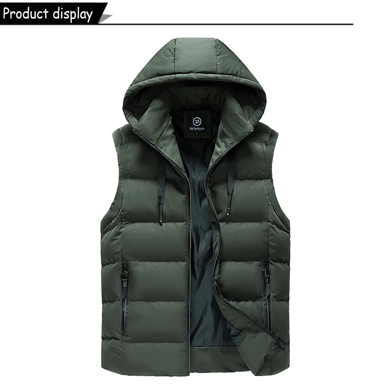 Men Autumn Sleeveless Outdoors Casual Solid Warm Vest Men Winter Detachable Hooded Fleece Pocket Zipper Fashion Vest Male Coat.