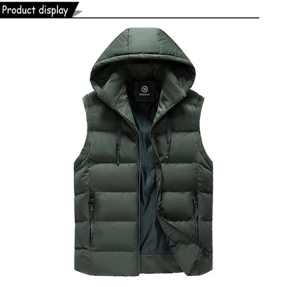 Men Autumn Sleeveless Outdoors Casual Solid Warm Vest Men Winter Detachable Hooded Fleece Pocket Zipper Fashion Vest Male Coat.