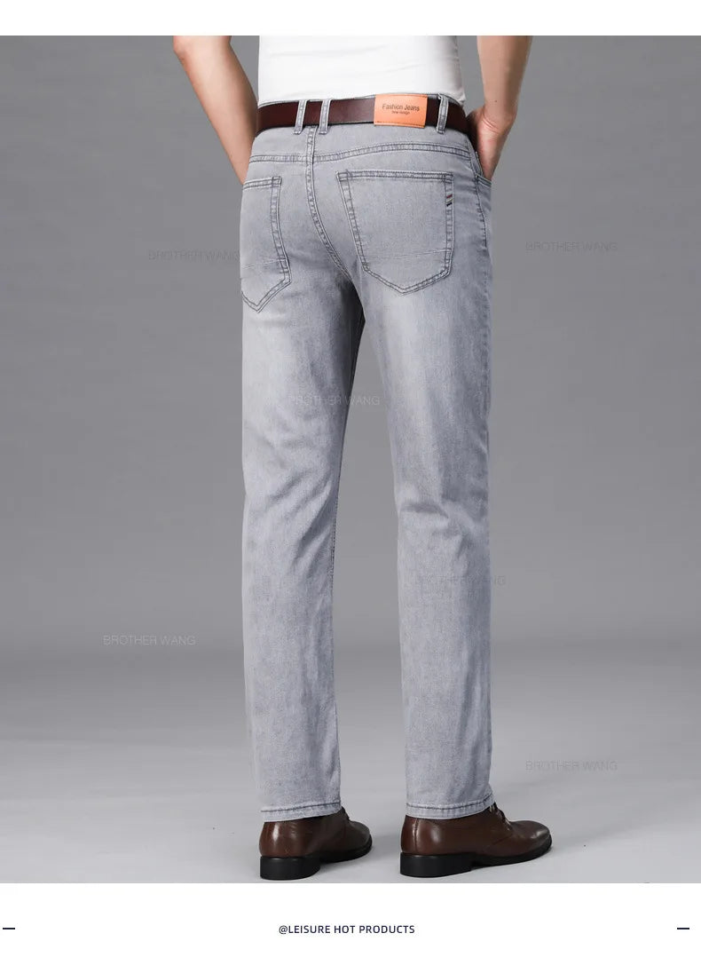 Brand Men's Fashion Summer Thin Jeans Comfortable Stretch Cotton Business Straight Casual Denim Pants Light Gray Blue Pants.