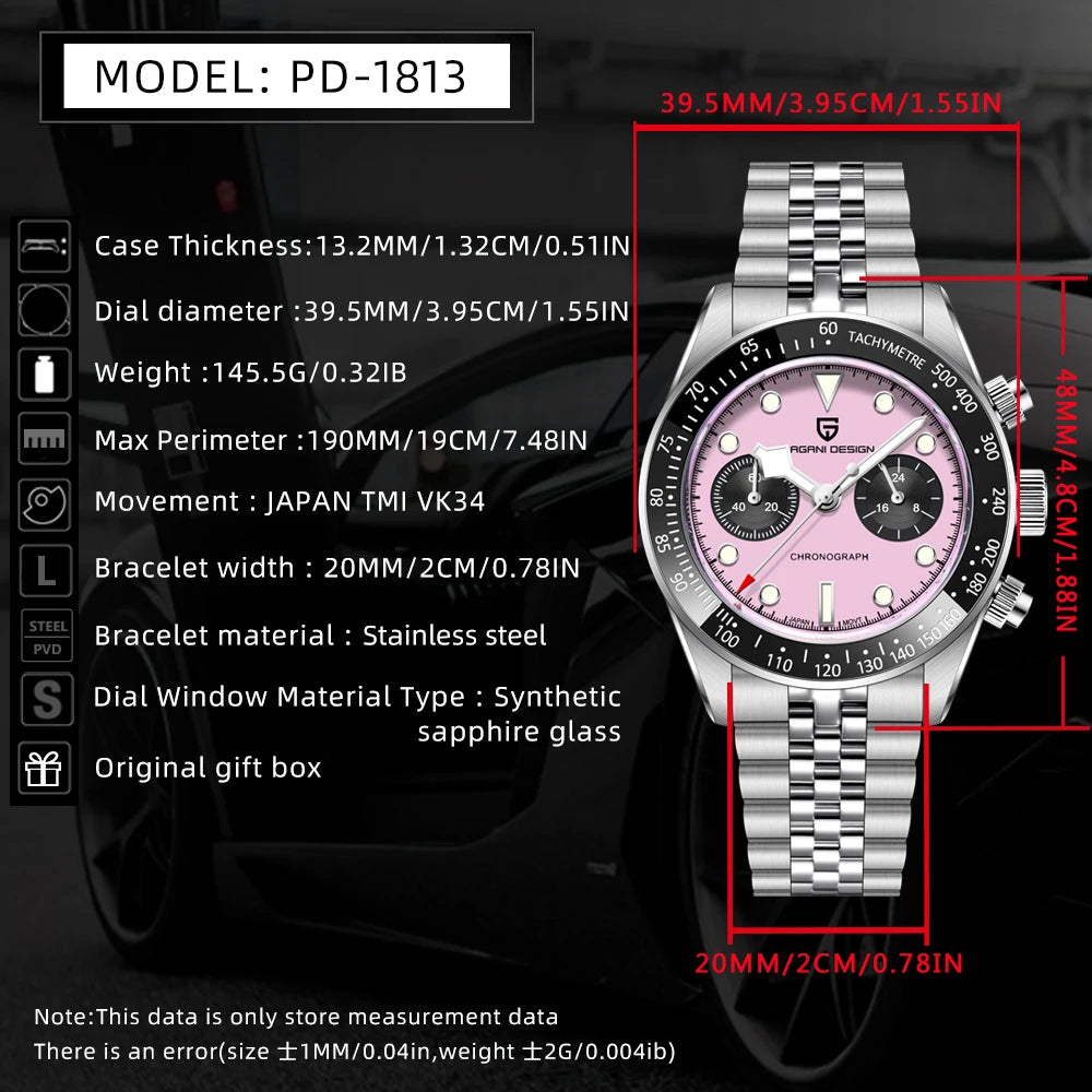 PAGANI DESIGN Men Watches New Pink BB Panda Dial Chronograph Fashion Luxury Quartz Watch For Men VK64 Movt Waterproof Watch 2025.