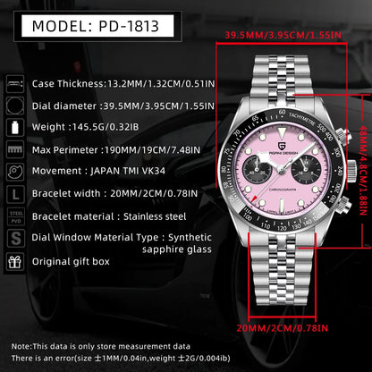 PAGANI DESIGN Men Watches New Pink BB Panda Dial Chronograph Fashion Luxury Quartz Watch For Men VK64 Movt Waterproof Watch 2025.