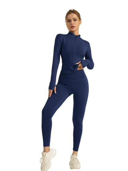 Fitfemme Two-piece Set Women's Solid Zip UpMock Neck Sports Jacket & HighWaist Leggings Set, SportyBreathable Quick Drying.